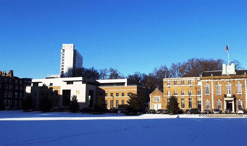 View of new building from cricket pitch